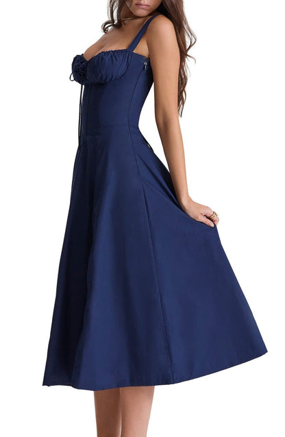 Floral Lace Up Back Spaghetti Strap Corset Fit and Flare Midi Dress