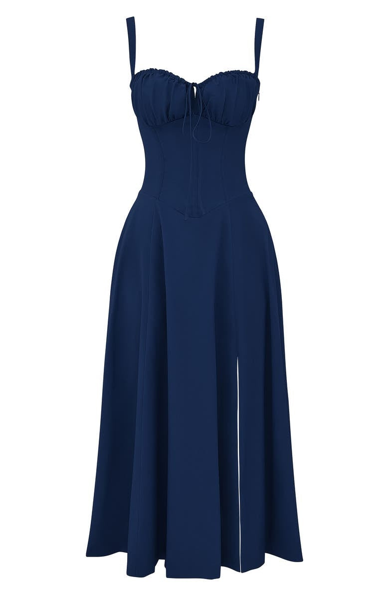 Floral Lace Up Back Spaghetti Strap Corset Fit and Flare Midi Dress
