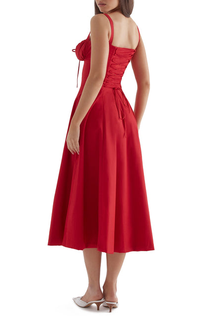Floral Lace Up Back Spaghetti Strap Corset Fit and Flare Midi Dress
