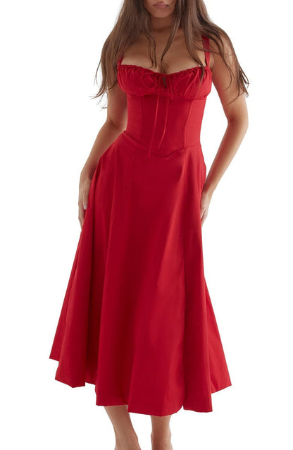 Floral Lace Up Back Spaghetti Strap Corset Fit and Flare Midi Dress