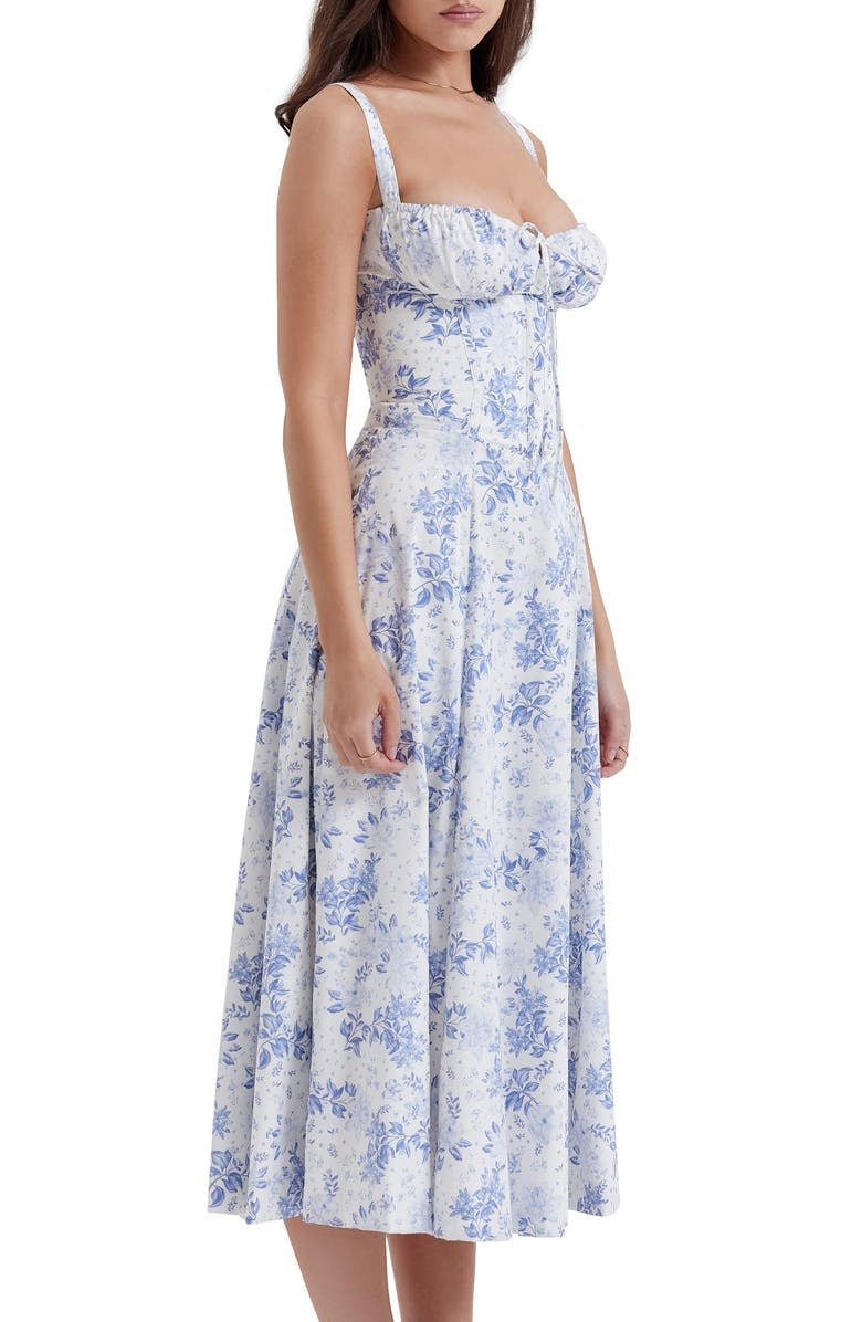 Floral Lace Up Back Spaghetti Strap Corset Fit and Flare Midi Dress
