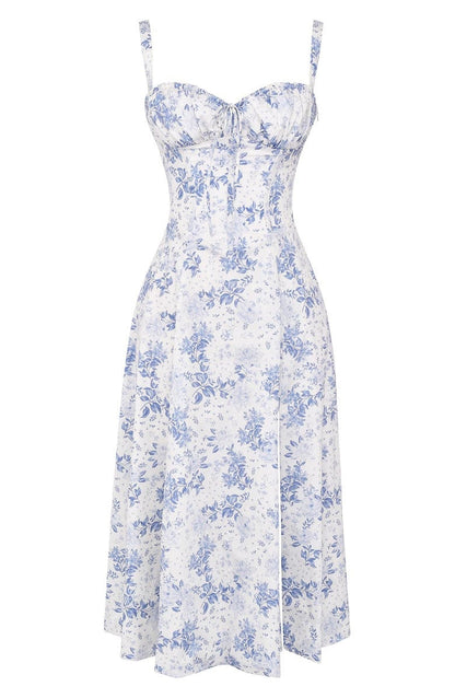 Floral Lace Up Back Spaghetti Strap Corset Fit and Flare Midi Dress