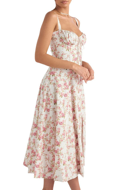 Floral Lace Up Back Spaghetti Strap Corset Fit and Flare Midi Dress
