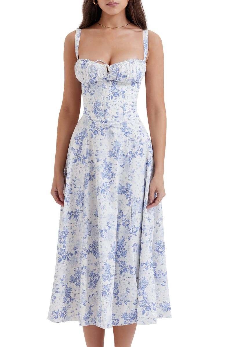 Floral Lace Up Back Spaghetti Strap Corset Fit and Flare Midi Dress