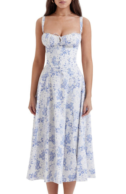 Floral Lace Up Back Spaghetti Strap Corset Fit and Flare Midi Dress