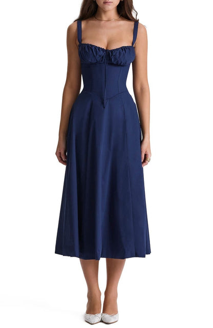 Floral Lace Up Back Spaghetti Strap Corset Fit and Flare Midi Dress
