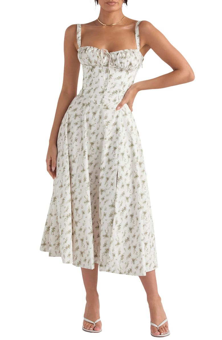 Floral Lace Up Back Spaghetti Strap Corset Fit and Flare Midi Dress