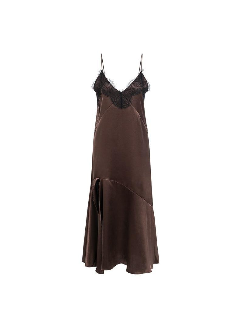 Satin Lace V Neck Split Strap Women Dress