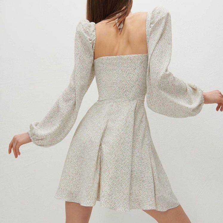Sweetheart Neck Tie Front Puff Sleeve Floral Print A Line Mini Dress