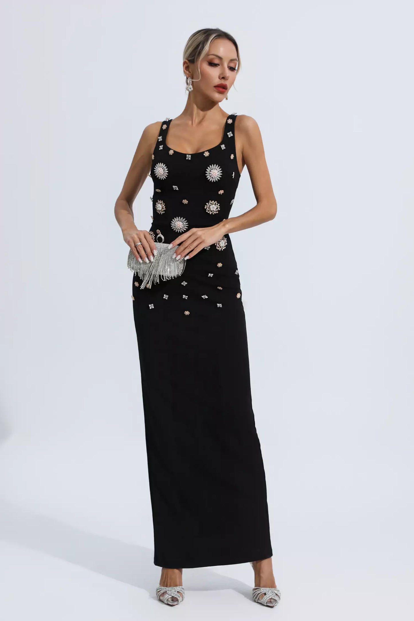 Hadlee Black Embellished Diamond Maxi Dress
