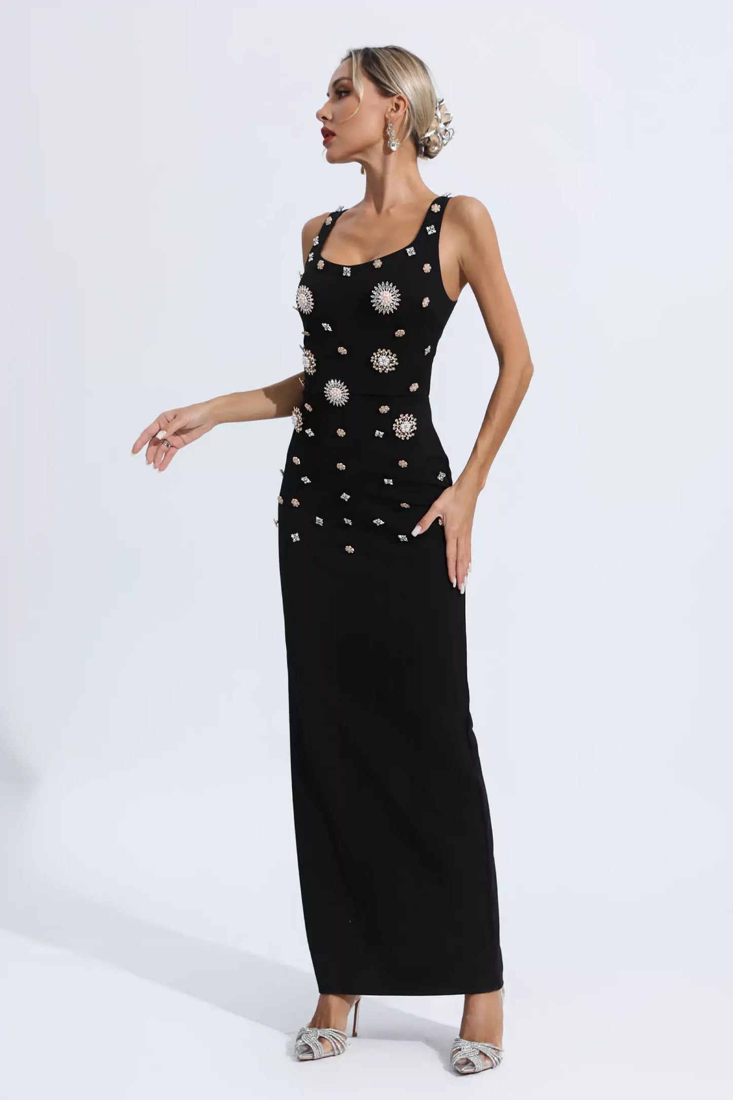 Hadlee Black Embellished Diamond Maxi Dress