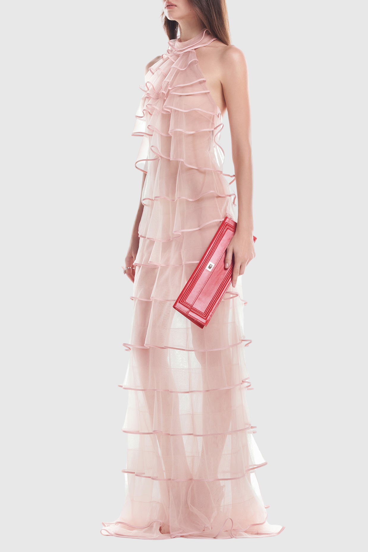 Haidar Halter Floral Ruffle Layer Maxi Dress