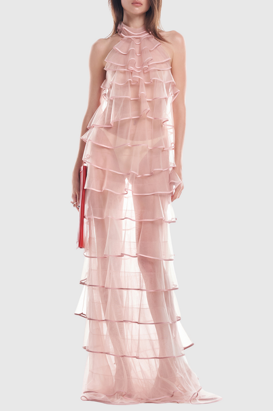 Haidar Halter Floral Ruffle Layer Maxi Dress