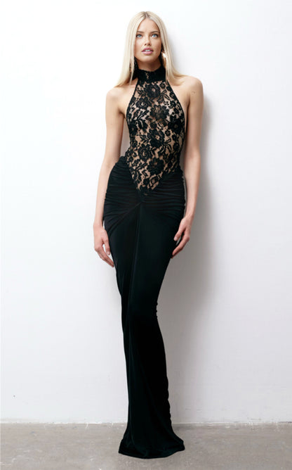 Janice Halterneck Lace Floral Maxi Dress