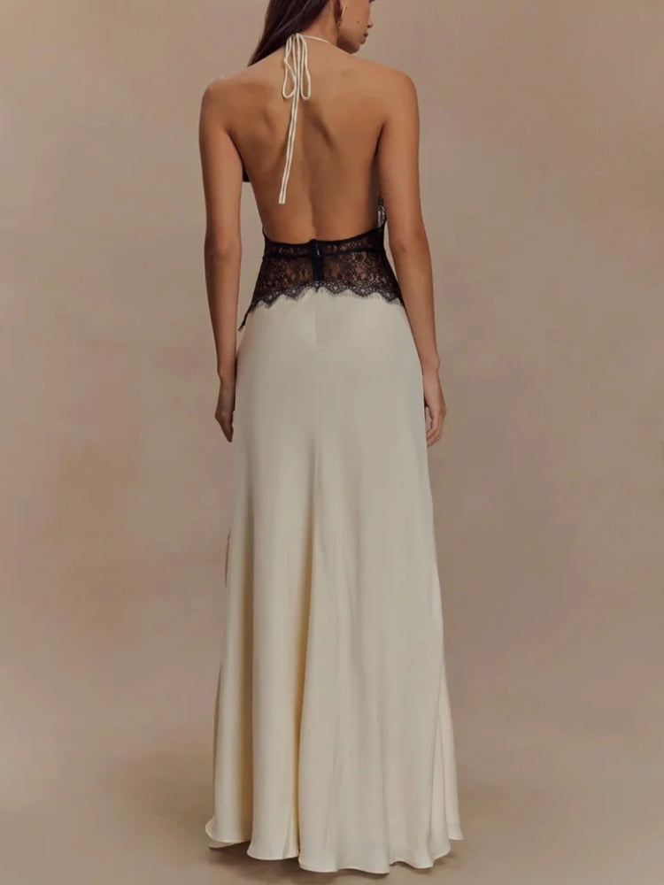 Halter Deep V Lace Waist Panel Satin Column Maxi Gown