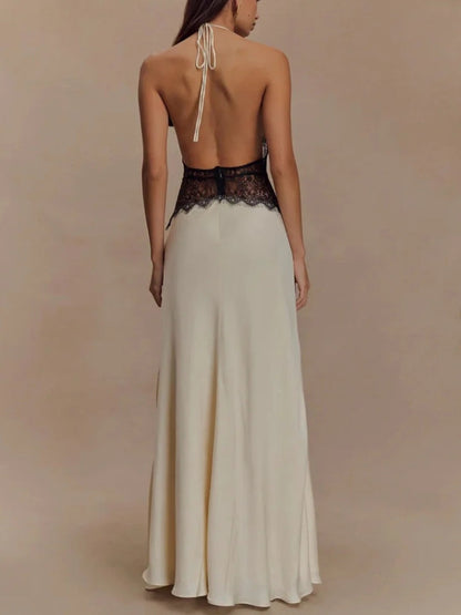 Halter Deep V Lace Waist Panel Satin Column Maxi Gown