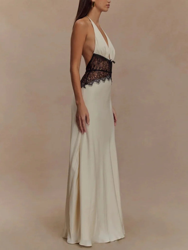 Halter Deep V Lace Waist Panel Satin Column Maxi Gown