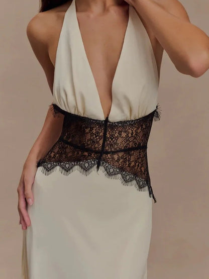Halter Deep V Lace Waist Panel Satin Column Maxi Gown