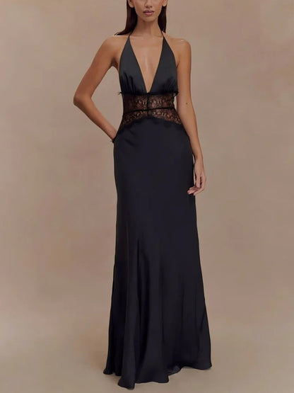 Halter Deep V Lace Waist Panel Satin Column Maxi Gown