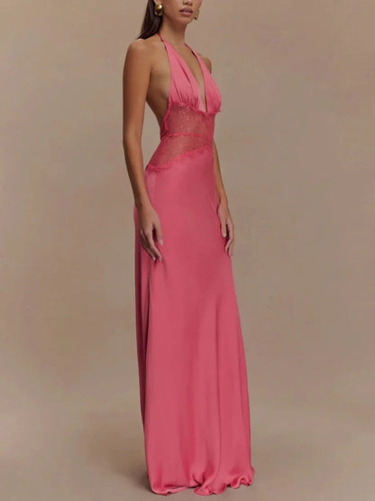 Halter Deep V Lace Waist Panel Satin Column Maxi Gown