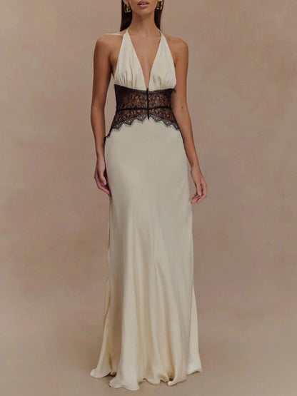 Halter Deep V Lace Waist Panel Satin Column Maxi Gown