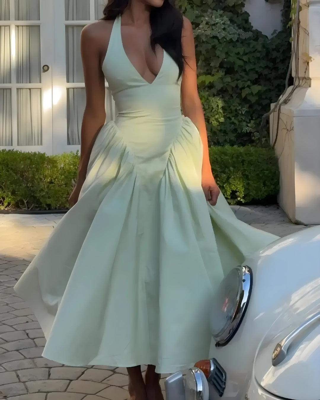 Halter Deep V-Neck Pleated Waist Fit and Flare Corset Midi Dress