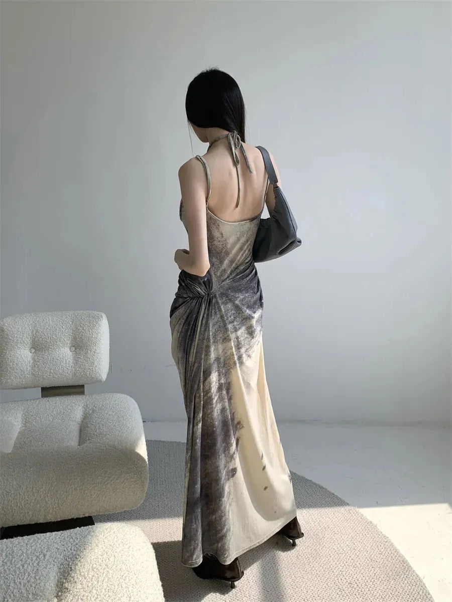 Halter Neck Cutout Bustier Ruched Abstract Print Bodycon Maxi Dress