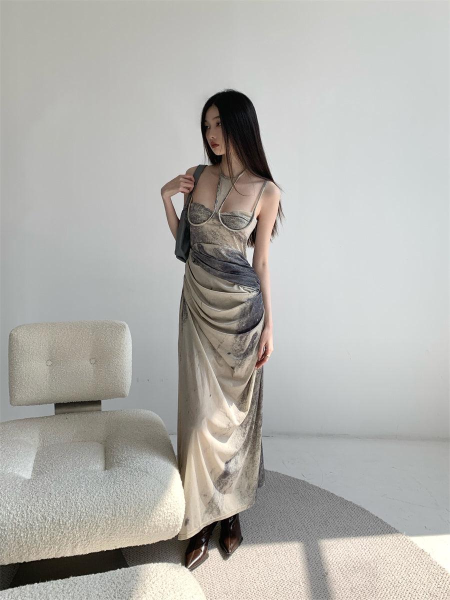 Halter Neck Cutout Bustier Ruched Abstract Print Bodycon Maxi Dress