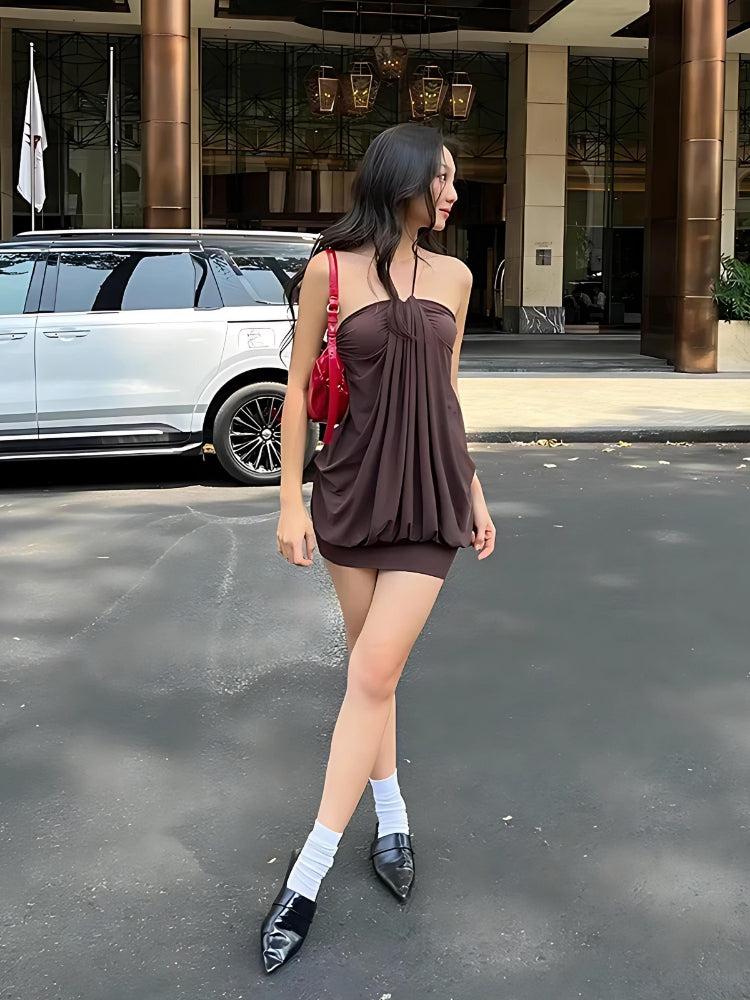 Halter Neck Gathered Draped Bubble Hem Mini Dress