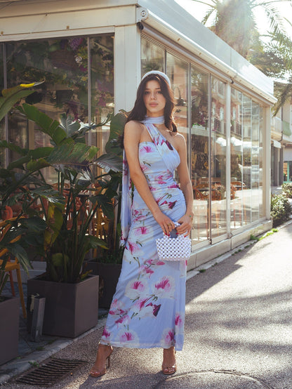 Halter Neck Ribbon Mesh Floral Print Tube Dress