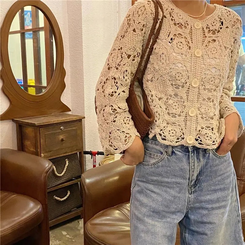 Woven Hollow Short Versatile Energetic Knit Cardigan