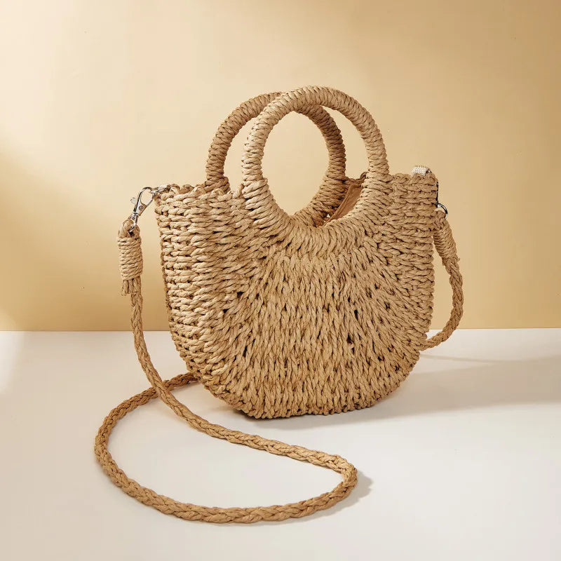 Handwoven Straw Rattan Beach Crossbody Handbag