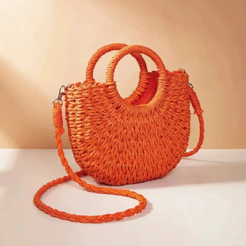 Handwoven Straw Rattan Beach Crossbody Handbag