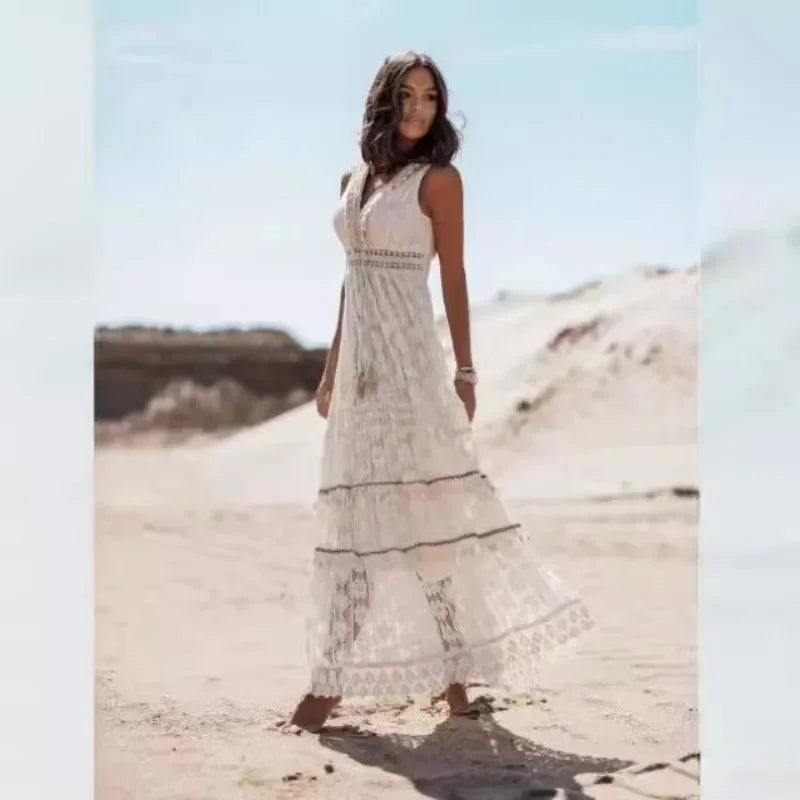 Strapless Lace Up Tassel Splicing Summer Maxi Boho Dress