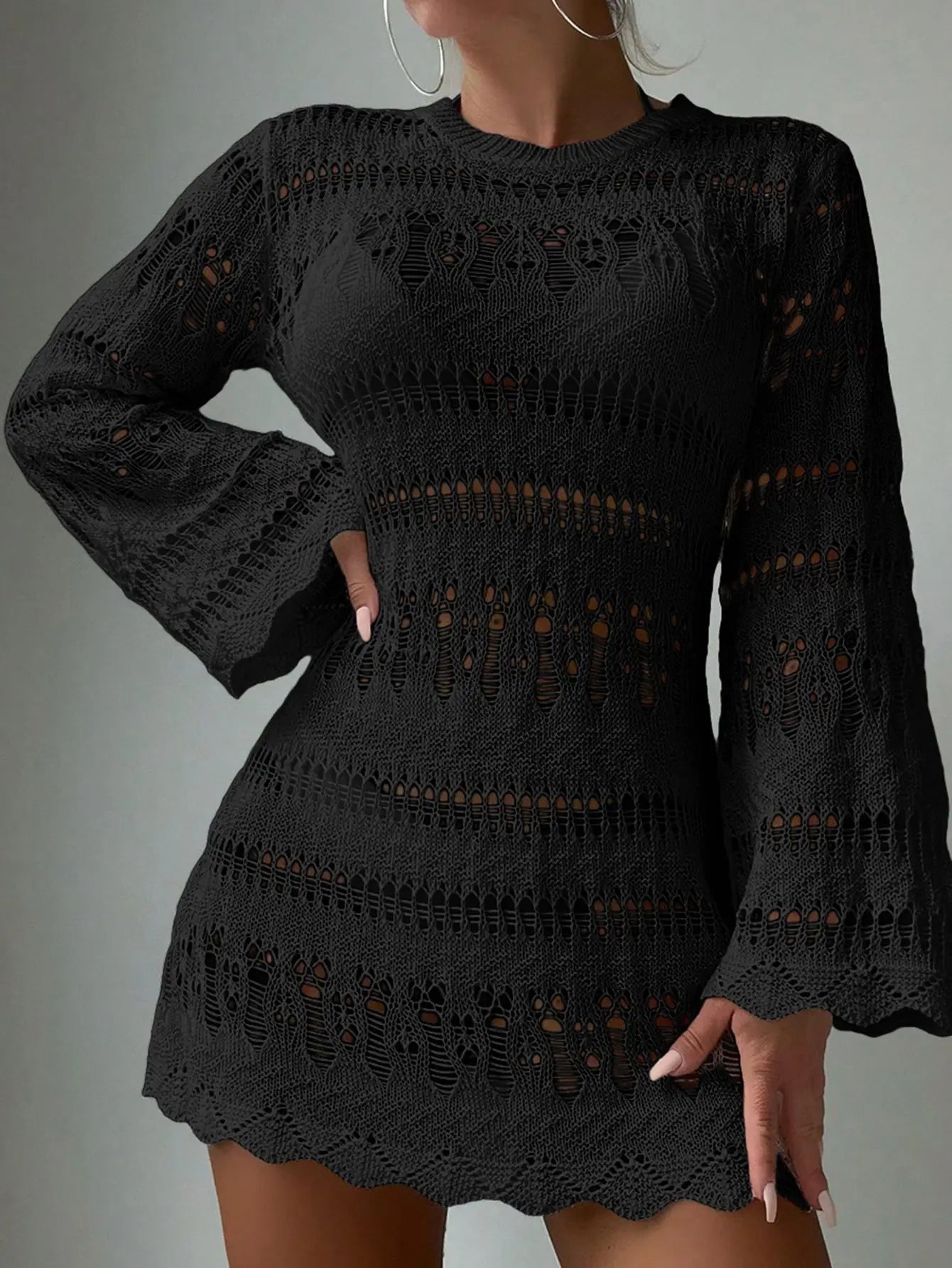 Knitted Hollow Out Sexy Backless Beach Mini Boho Dress Cover-up