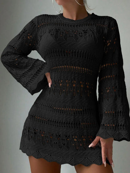 Knitted Hollow Out Sexy Backless Beach Mini Boho Dress Cover-up