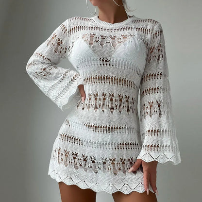 Knitted Hollow Out Sexy Backless Beach Mini Boho Dress Cover-up