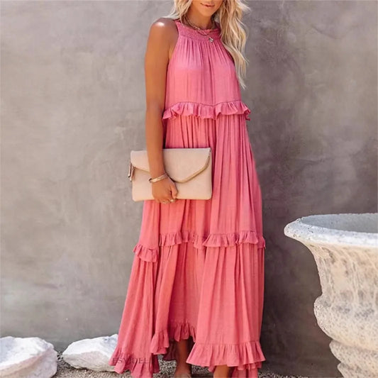Ruffles Sexy Split Halter Sleeveless Big Hem Maxi Boho Dress