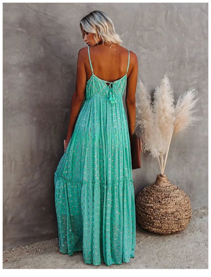 Sexy Split Big Hem Strapless Sleeveless Green Maxi Boho Dress