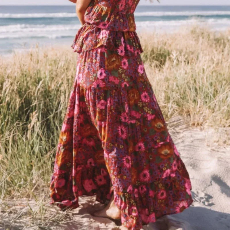 Hippie Fashion Women Beach Bohemian Red Floral A-Line Boho Skirt