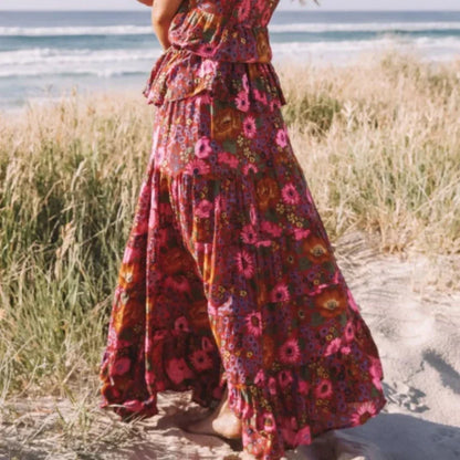Hippie Fashion Women Beach Bohemian Red Floral A-Line Boho Skirt