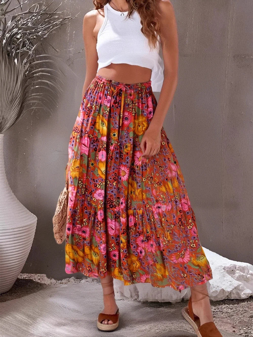 Hippie Fashion Women Beach Bohemian Red Floral A-Line Boho Skirt