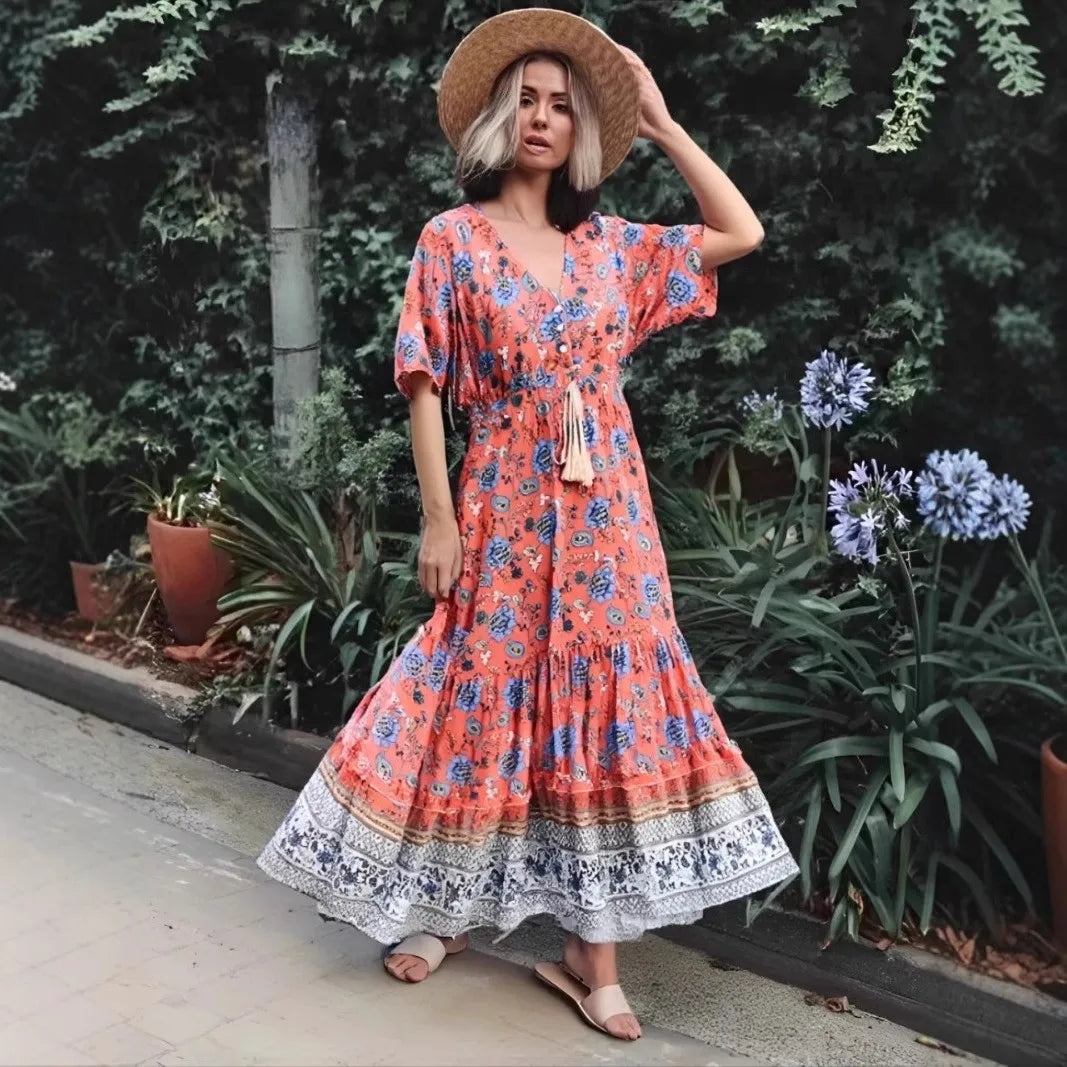 Floral V-neck Rayon Beach Boho Dress