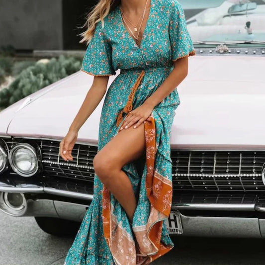 Floral Print Tassel V-neck Rayon Cotton Maxi Boho Dress