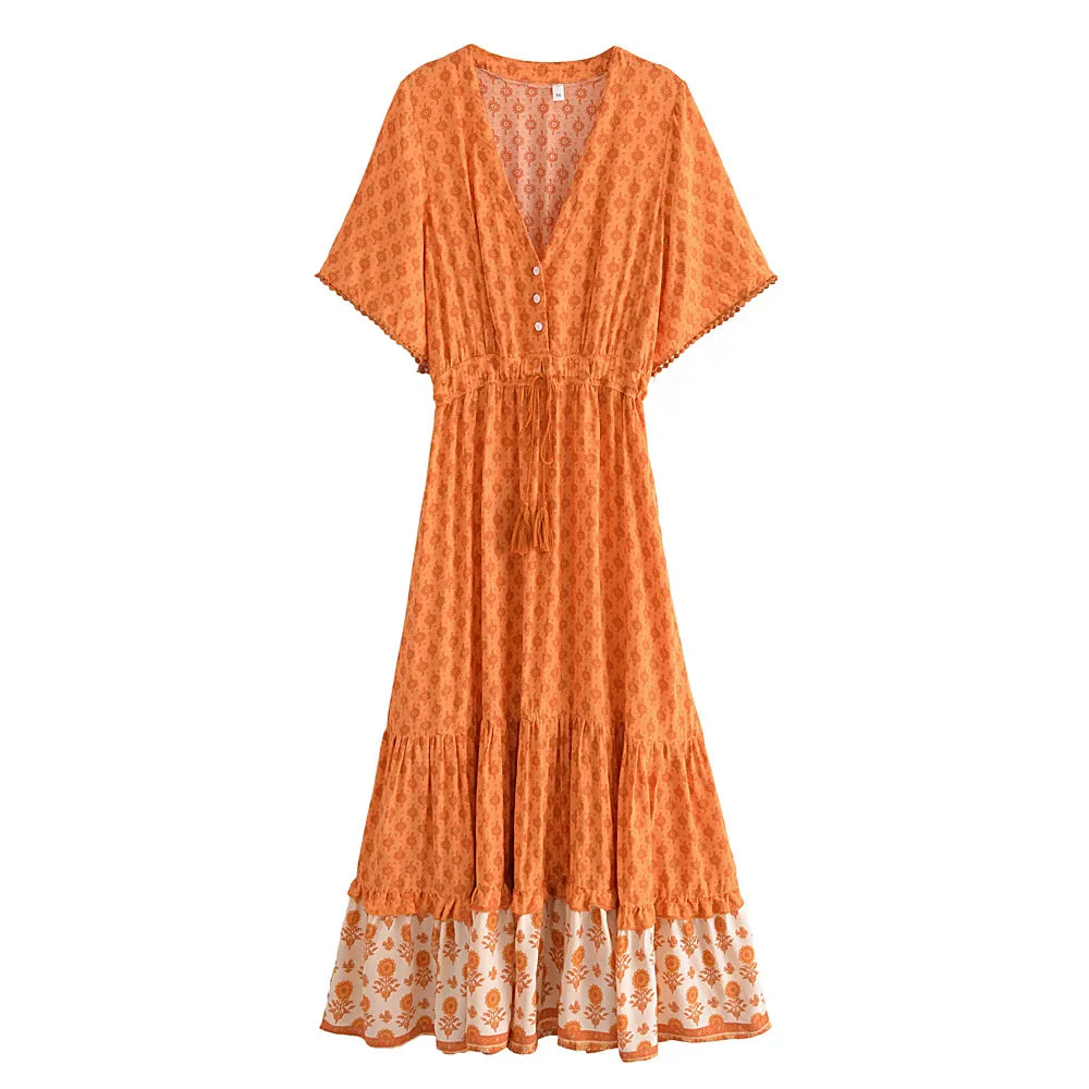 Floral Print Tassel V-neck Rayon Cotton Maxi Boho Dress