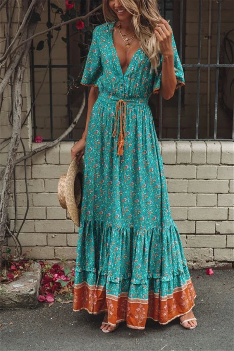 Floral Print Tassel V-neck Rayon Cotton Maxi Boho Dress