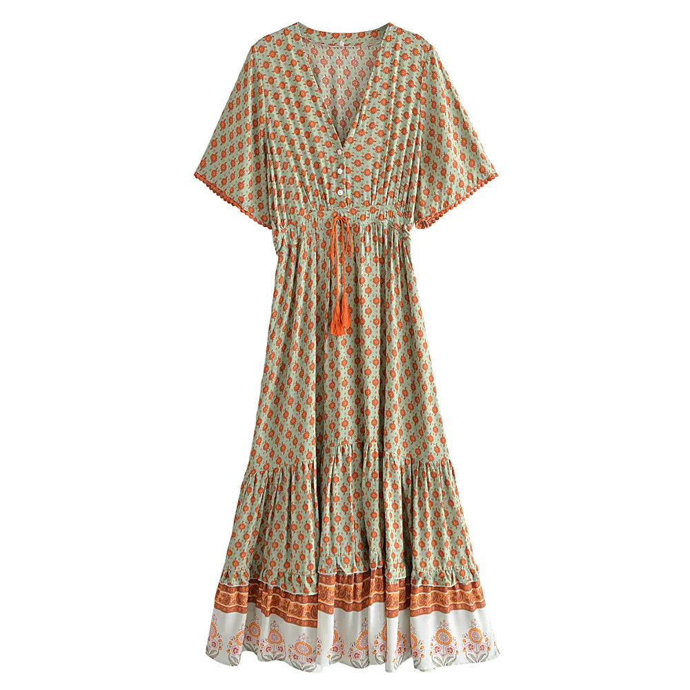 Floral Print Tassel V-neck Rayon Cotton Maxi Boho Dress