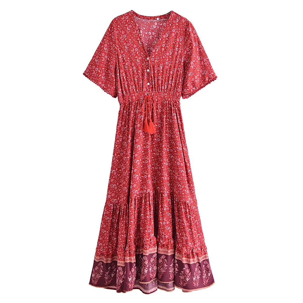 Floral Print Tassel V-neck Rayon Cotton Maxi Boho Dress