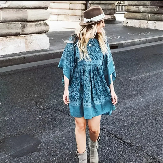 Green Floral Print Loose O-neck Batwing Sleeve Mini Boho Dress