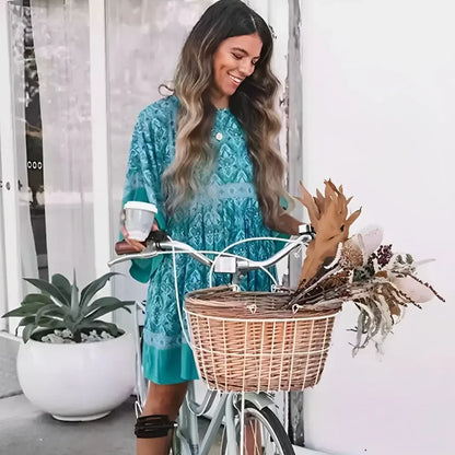 Green Floral Print Loose O-neck Batwing Sleeve Mini Boho Dress